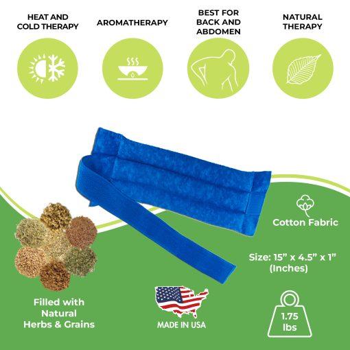 Nature Creation herbal microwaveable heating pad for the back and abdomen with elastic fastening straps for hands free application.