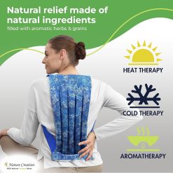 Nature Creation microwaveable heating pad for the back and spine with 2 elastic fastening straps for hands free application.