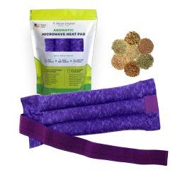 Nature Creation herbal microwaveable heating pad for the back and abdomen with elastic fastening straps for hands free application.