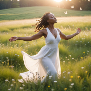 women walking on the grass and breathing