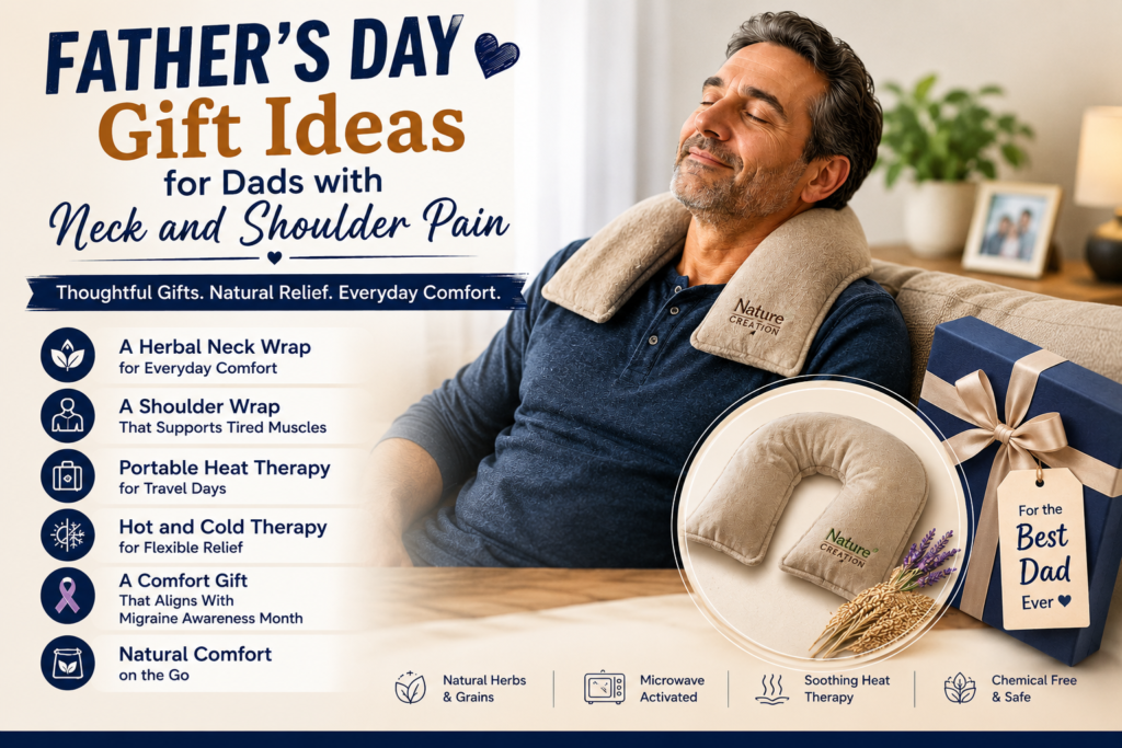Father receiving a thoughtful Father’s Day gift for neck and shoulder pain relief and comfort.